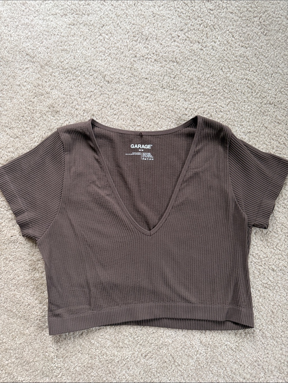 Garage Ribbed V-Neck Crop Tops - White and Brown